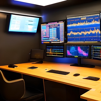 Un bureau plein d’écrans qui analysent les techniques de paris sportifs